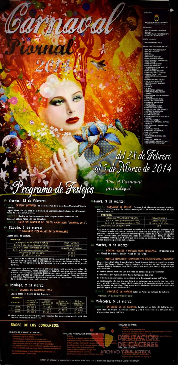Ein leuchtend gelbes Plakat für das Karnevalsfest 2014 zeigt eine lachende Frau in einem bunten Kleid in der Mitte, umgeben von schwarzer Schrift.