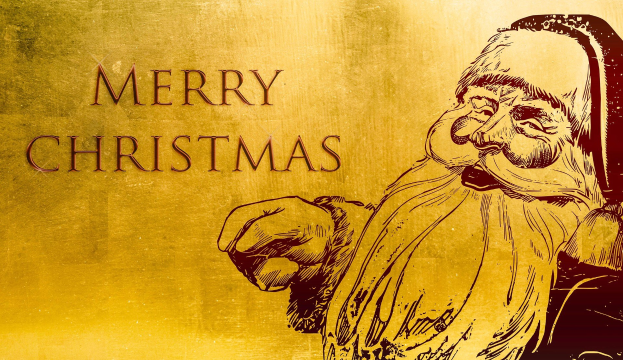 Gemälde von Santa Claus in rotem und weißem Anzug mit schwarzem Gurt und Stiefeln, der einen Sack mit Geschenken hält, auf goldenem Hintergrund mit 'Frohe Weihnachten'-Text in festlicher Schrift.