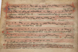 Ein Musikhandschrift aus dem 15. Jahrhundert mit schwarzen Tintennotizen und Text auf gelbem Papier, angeordnet in einem komplexen Muster.