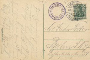 Eine alte Postkarte mit einer Briefmarke, die "Lichtenwald, Deutschland - Einschreiben nach Deutschland" trägt, mit handgeschriebenem Text und zwei zusätzlichen Briefmarken in der oberen rechten Ecke.