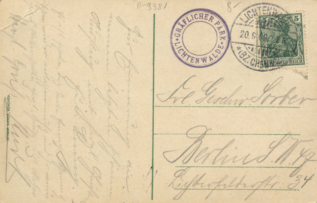 Eine alte Postkarte mit einer Briefmarke, die "Lichtenwald, Deutschland - Einschreiben nach Deutschland" trägt, mit handgeschriebenem Text und zwei zusätzlichen Briefmarken in der oberen rechten Ecke.