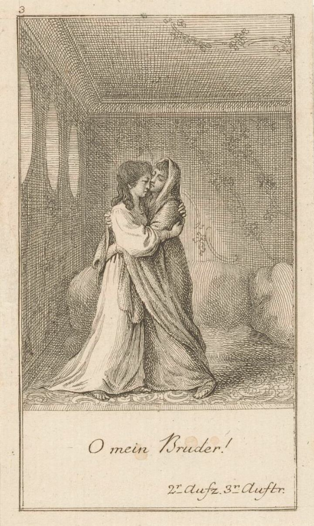 Eine Gravur eines Mannes und einer Frau, die sich in einem Raum umarmen, mit dem Text 'O mein Bruder' unten, ihre Gesichter nahe beieinander und die Arme umeinander geschlungen, mit einer warmen, einladenden Atmosphäre und weichem Licht von einem Fenster.