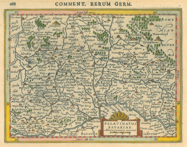 Alte Deutschlandkarte, die die Provinzen Pfalz und Bayern hervorhebt, mit handgeschriebener Text auf altem Papier.