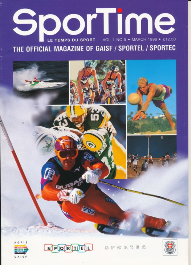 Magazin-Titel 'Sporttime Magazine - März 1996' mit Bildern von Skifahrern und Snowboardern sowie Text und Logos.