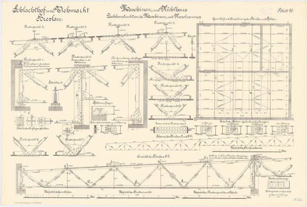 Ein detaillierter architektonischerBlueprint einer Eisenbahnbrücke, der strukturelle Komponenten wie Trägern und Balken mit begleitenden Textannotationen zeigt.