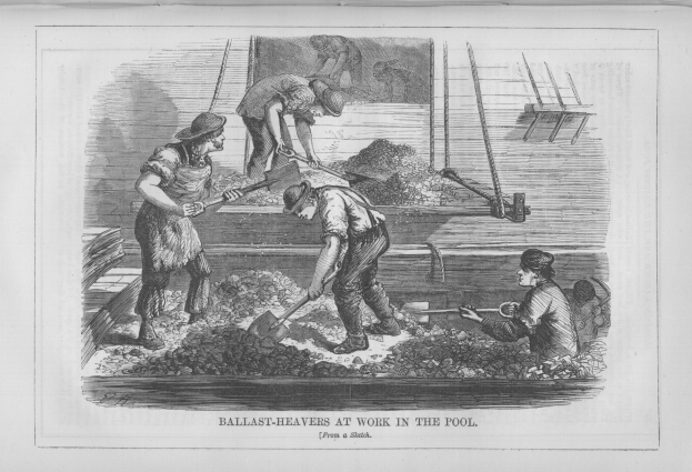 Schwarzes Bild von Menschen in einem Pool bei der Arbeit, einige halten Schaufeln, mit dem Text "Ballast-Heavens bei der Arbeit im Pool" unten.