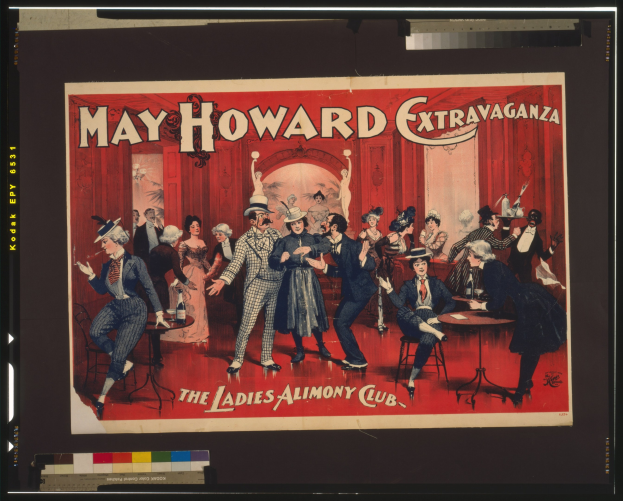Plakat f"ur das May Howard Extravaganza im Ladies Alimony Club, das eine Gruppe von Menschen an Tischen mit Text zeigt.