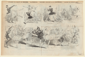 Ein Buchseiten-Bild zeigt eine lebendige Zeichnung einer Gruppe von Menschen, die im Einklang tanzen, begleitet von beschreibendem Text über das Datum, die Uhrzeit und den Ort des Ereignisses.