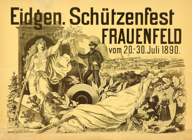 Alter Plakatentwurf für das Eidgen Schützenfest in Frauenfeld, Deutschland, mit einem Mann im Anzug und einer Frau im Kleid, die nebeneinander stehen, und Text mit Veranstaltungseinzelheiten.