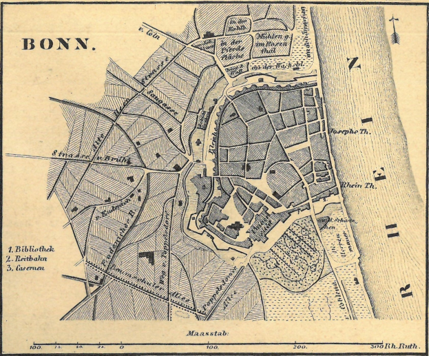 Detaillierte alte Karte von Bonn, Deutschland, zeigt Straßen, Gebäude und Sehenswürdigkeiten mit lesbarem Text.