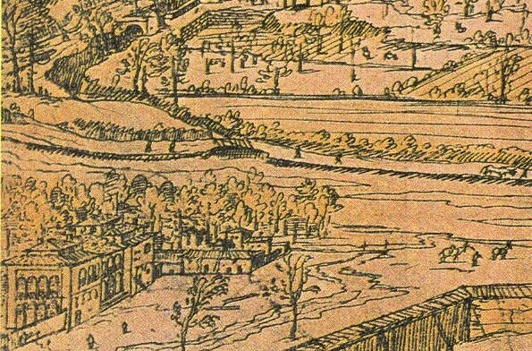 Ein detailliertes Stadtlandschaftsbild mit einer gewundenen Flusslandschaft, umgeben von grünen Bäumen und hohen Gebäuden, die eine friedliche Atmosphäre vermitteln.