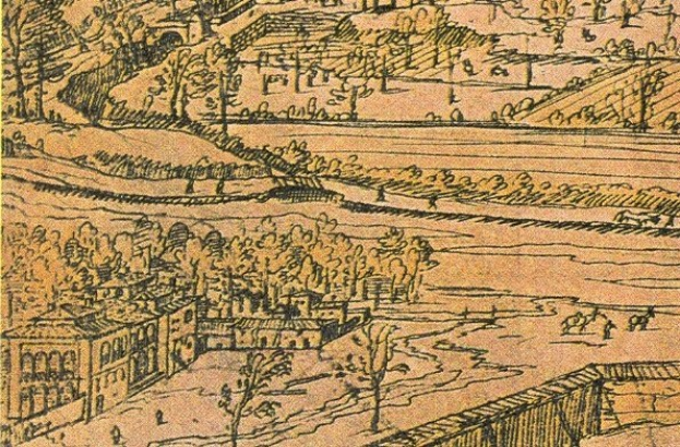 Ein detailliertes Stadtlandschaftsbild mit einer gewundenen Flusslandschaft, umgeben von grünen Bäumen und hohen Gebäuden, die eine friedliche Atmosphäre vermitteln.