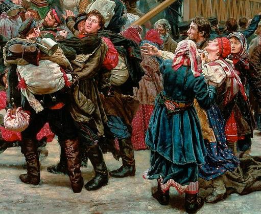 Gemälde einer Gruppe von Menschen, die in traditioneller russischer Kleidung tanzen und Gegenstände halten, vor einem Publikum mit einem hölzernen Haus im Hintergrund, das eine lebhafte Szene aus der russischen Revolution vermittelt.