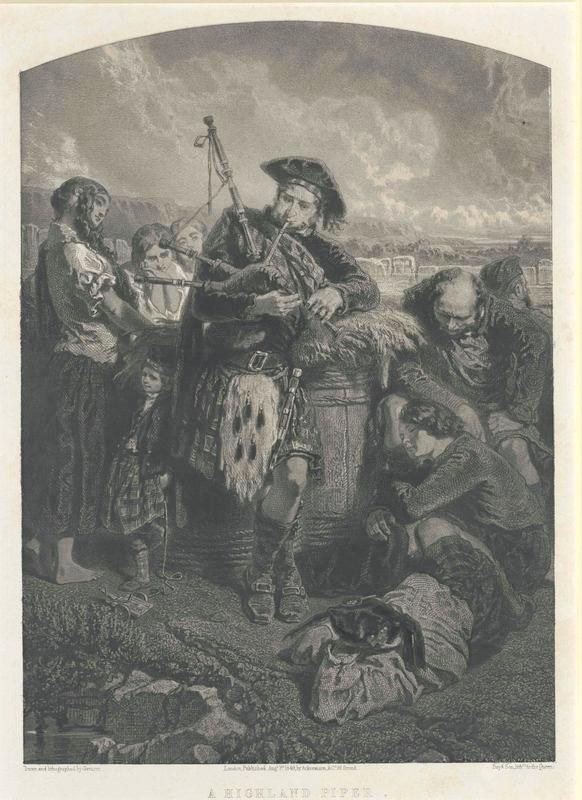 Schwarze und weiße Gravur eines Mannes, der vor einer Gruppe von Menschen eine Dudelsack spielt, unter einem bewölkten Himmel, mit dem Text "Ein Highland-Pfeifen" unten.
