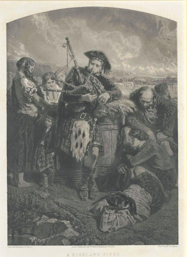 Schwarze und weiße Gravur eines Mannes, der vor einer Gruppe von Menschen eine Dudelsack spielt, unter einem bewölkten Himmel, mit dem Text "Ein Highland-Pfeifen" unten.