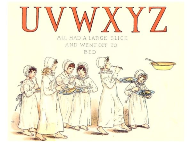 Menschen mit Tellern voller Essen in den Händen, mit einer Schößel und Löffel auf der rechten Seite und Text überall mit der Überschrift "Uwxyz - Alle hatten ein großes Stück und gingen ins Bett."