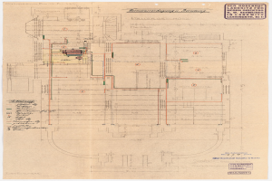 Schwarze und weiße architektonische Zeichnung des Rosenhof-Krankenhauses in Hamburg, Deutschland, die detaillierte Pläne mit zahlreichen Drähten, Zimmern, Fluren und Textanmerkungen auf altem Papier zeigt.