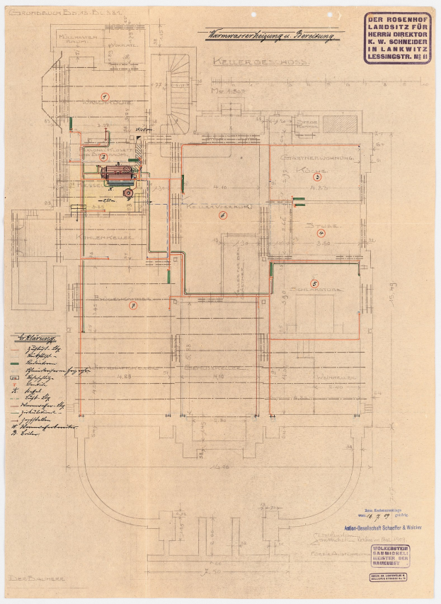 Schwarze und weiße architektonische Zeichnung des Rosenhof-Krankenhauses in Hamburg, Deutschland, die detaillierte Pläne mit zahlreichen Drähten, Zimmern, Fluren und Textanmerkungen auf altem Papier zeigt.