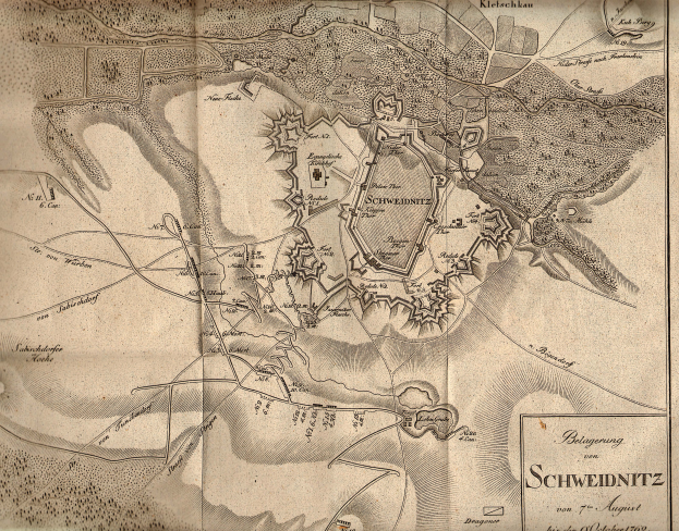 Ein detaillierter alter Stadtplan von Schweidnitz, Deutschland, der Straßen, Gebäude, Sehenswürdigkeiten und Text enthält, der Informationen über die Bevölkerung, Geschichte und Kultur der Stadt bereitstellt.
