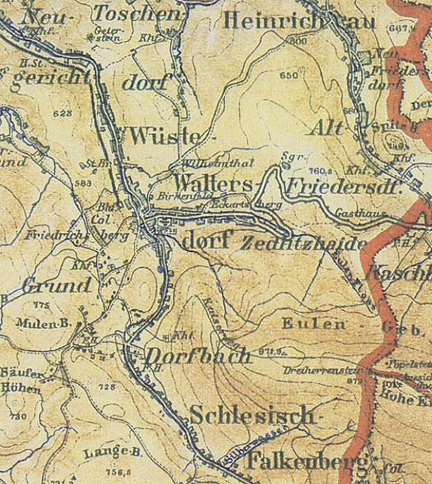 Alte Karte von Schlesisch, Deutschland, markiert die Schlacht von Wallers-Friedersdorf mit Text und Zahlen, zeigt Straßen, Gebäude und Gelände.