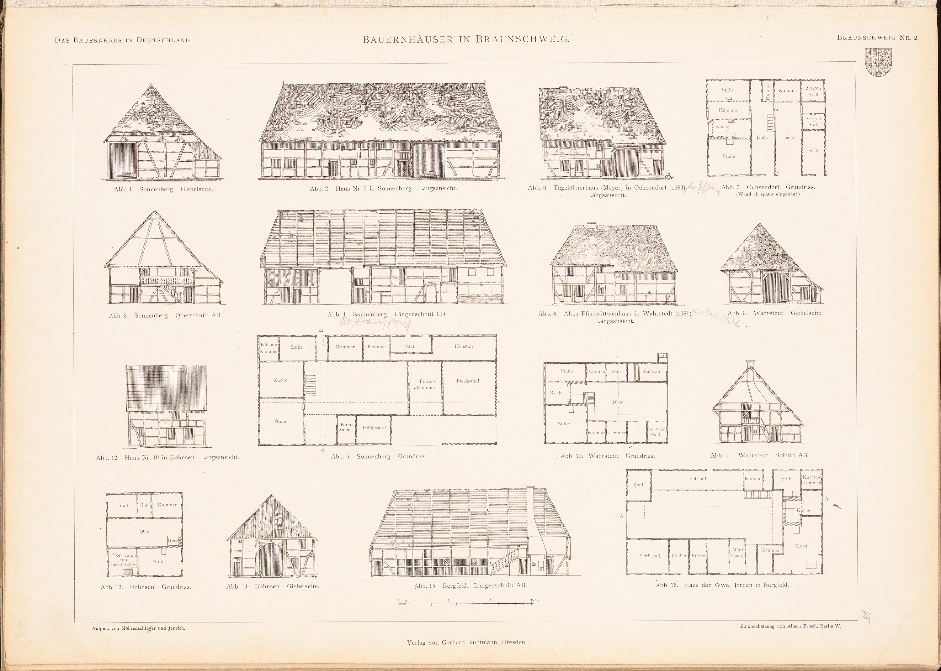 Ein offenes altes Buch zeigt detaillierte Architekturpläne und Zeichnungen verschiedener Hausentwürfe auf seinen Seiten.