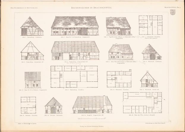 Ein offenes altes Buch zeigt detaillierte Architekturpläne und Zeichnungen verschiedener Hausentwürfe auf seinen Seiten.